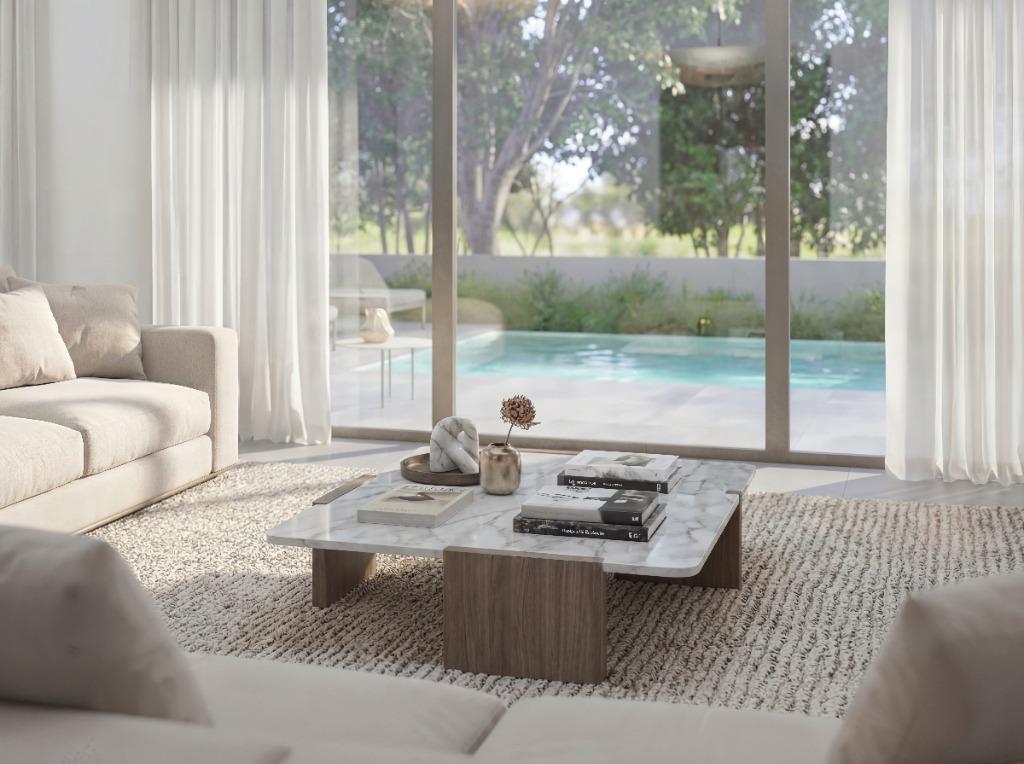 Contemporary living room with pool view